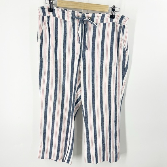 ✅ PER SE LINEN BLEND CROPPED WIDE LEG STRIPED PANTS SIZE MEDIUM WITH POCKETS - Picture 1 of 7